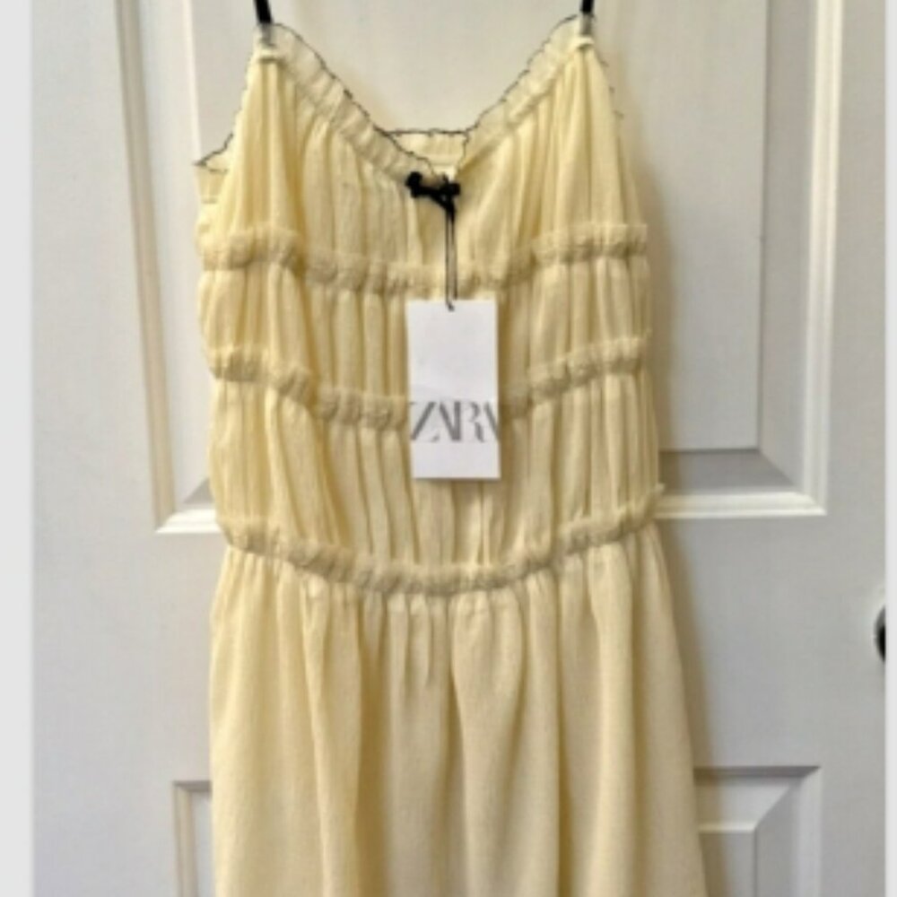 Zara Little Bow Textured Beige Black Straps Mini Dress Size M Feminine Beach Fun